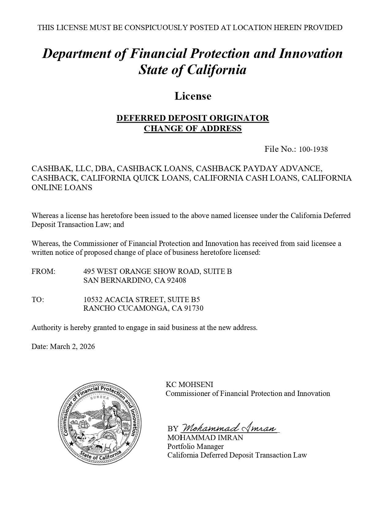 California Cash Loans business license document, issued by the Department of Business Oversight, detailing amended deferred deposit originator license for cash advance services in California, including company name, address, and licensing information.