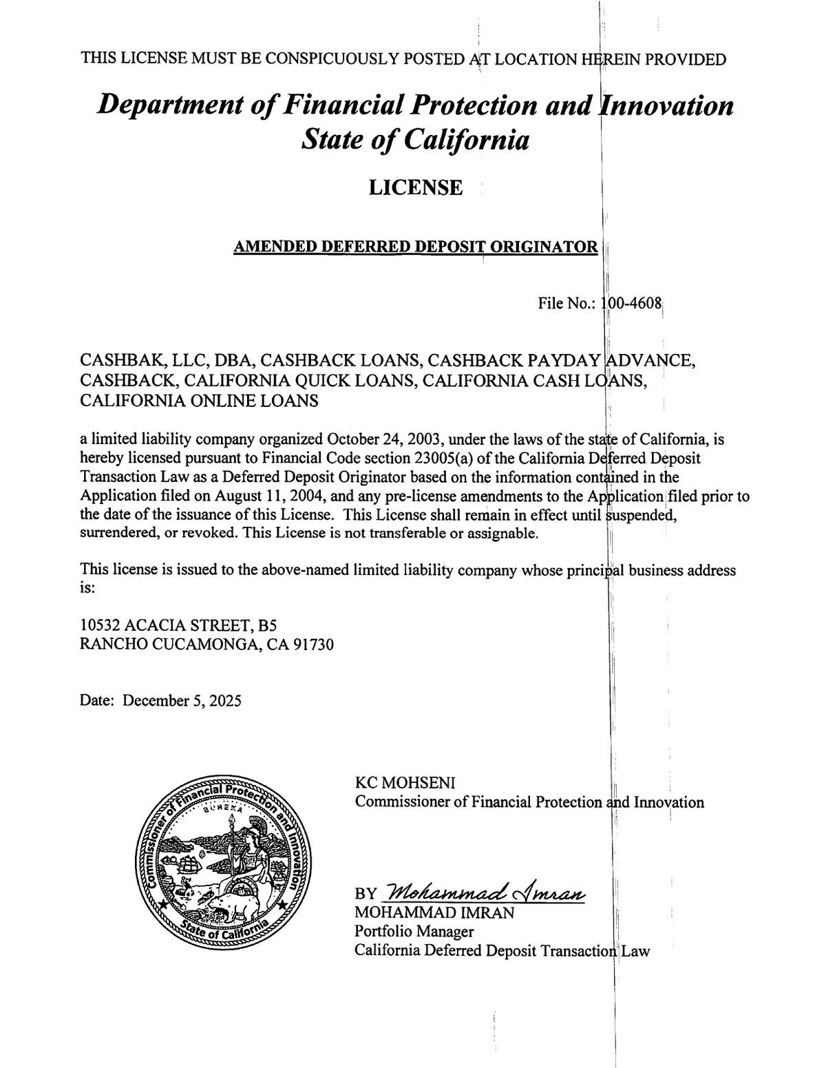 California Cash Loans business license document, issued by the Department of Business Oversight, detailing amended deferred deposit originator license for cash advance services in California, including company name, address, and licensing information.